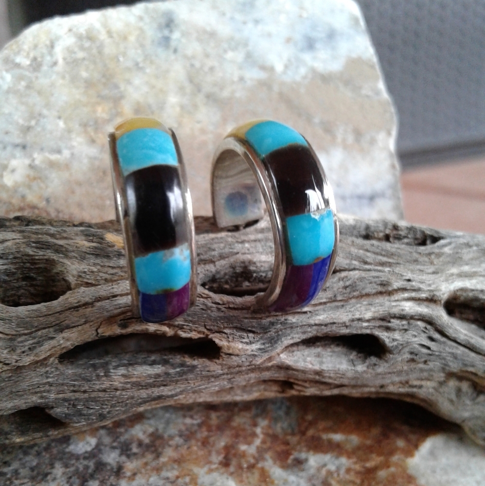 Sterling Silver Multi Inlay Hoop Earrings